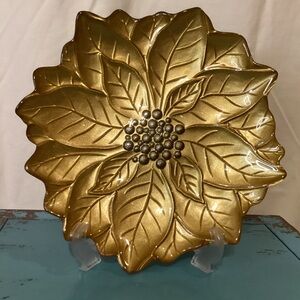Poinsettia Gold Glass Plate Holiday Christmas Decor 9X9” Round